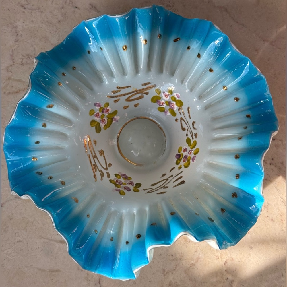 Vintage Victorian Blue White Cased Glass Brides ruffled Basket. Hand Painted
